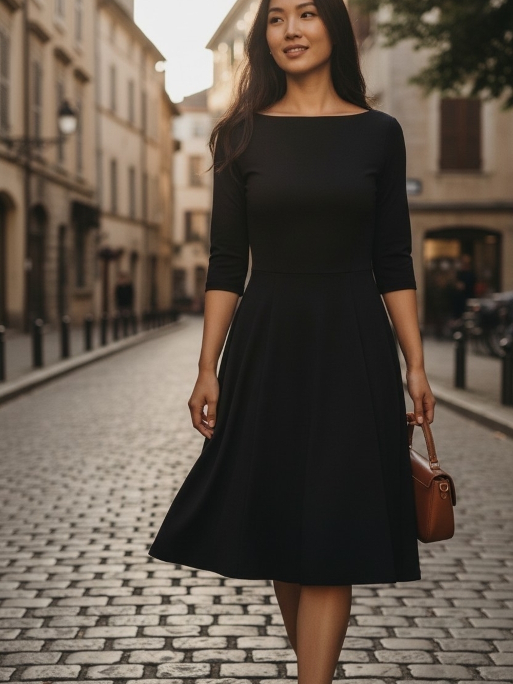 Women’s Black Boatneck Midi Dress with Three-Quarter Sleeves